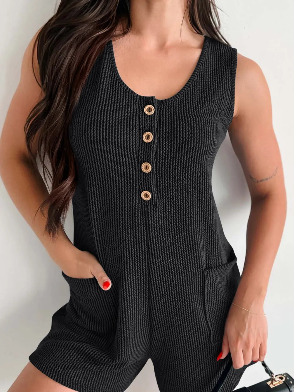 Textured Wide Strap Romper with Buttons