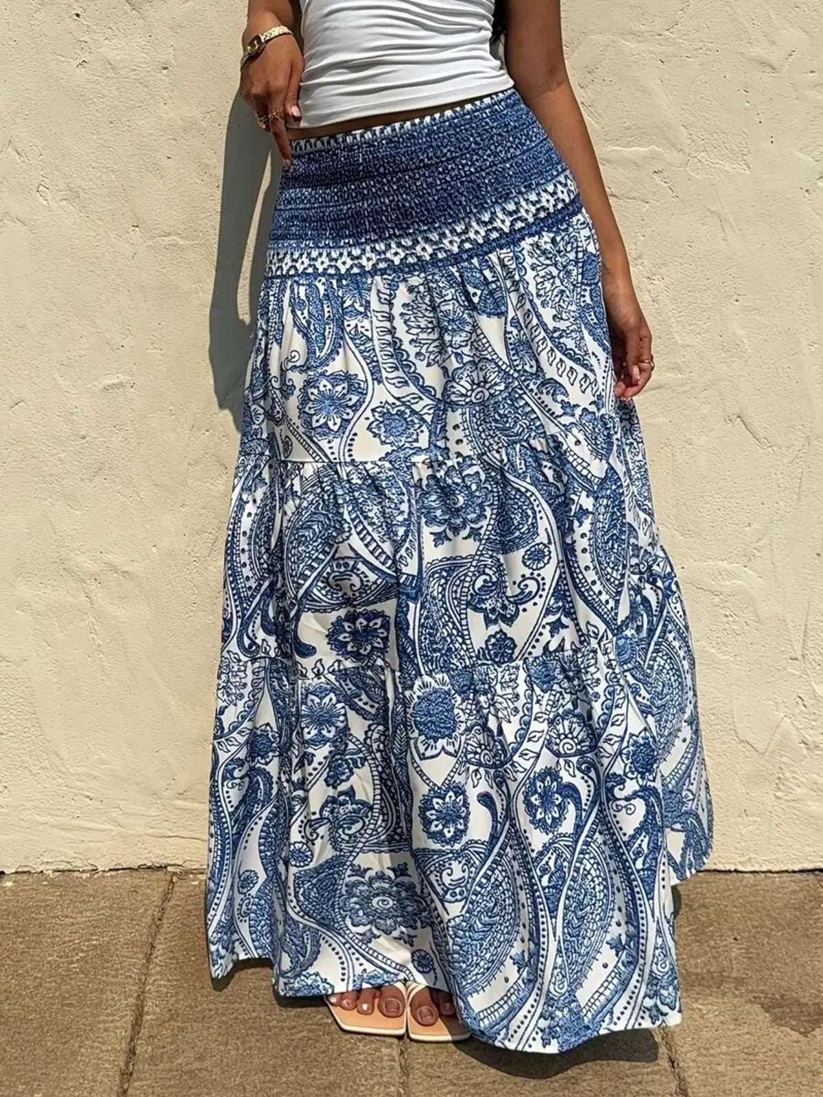 Smocked Paisley Print Maxi Skirt