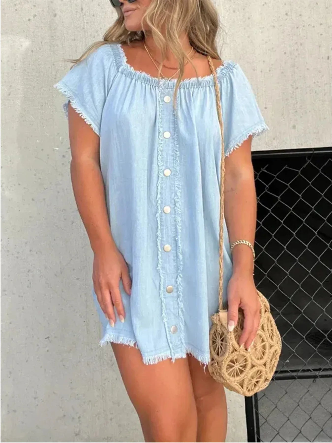 Button-Front Raw Hem Mini Denim Dress