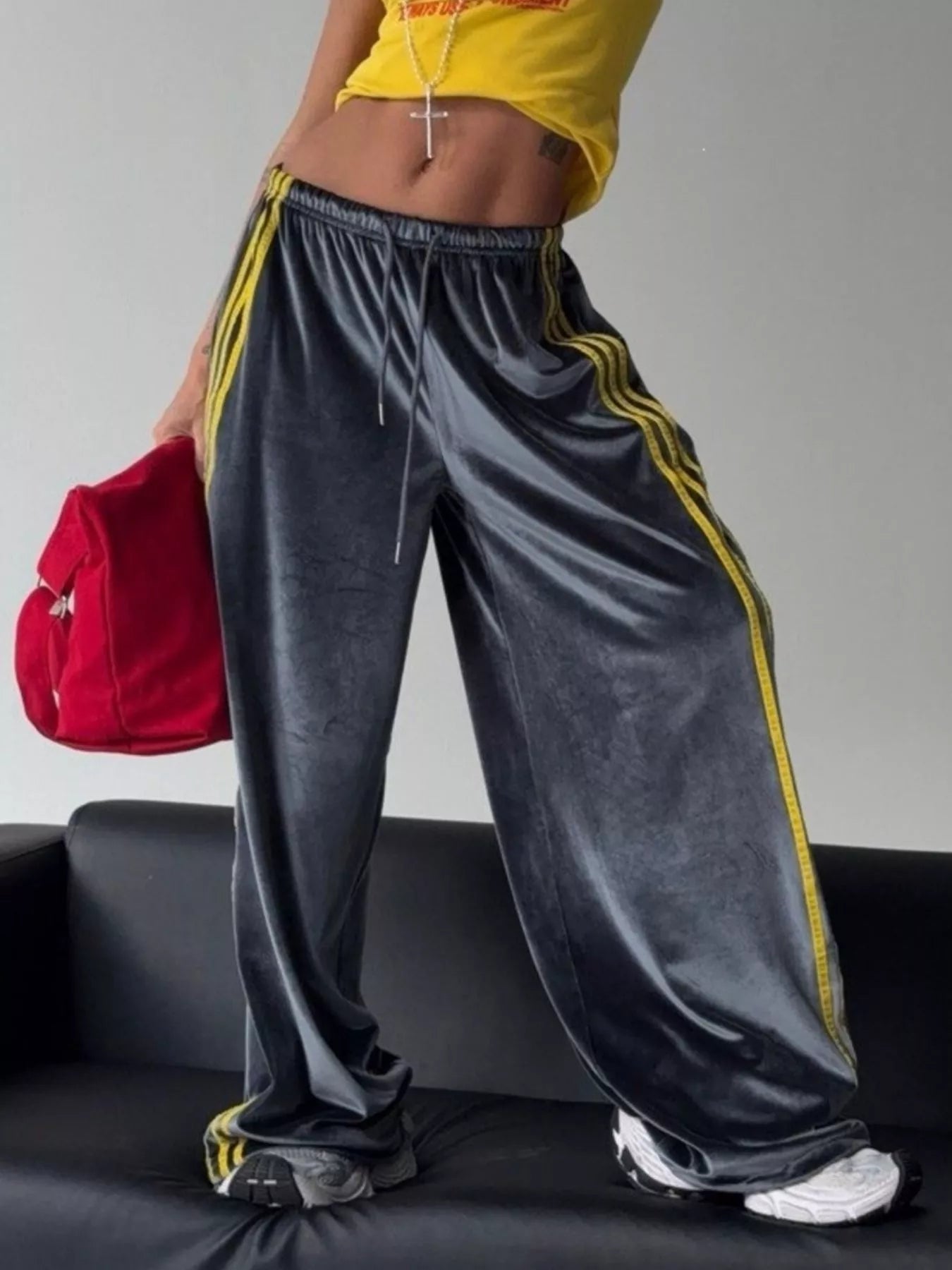 Velvet Wide-Leg Drawstring Pants