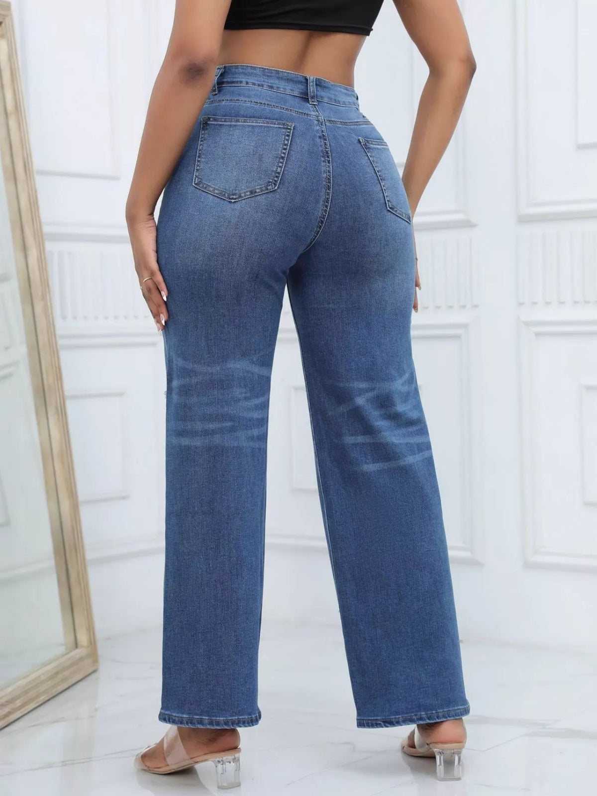 Distressed Wide Leg Jeans with Cat's Whisker Detail