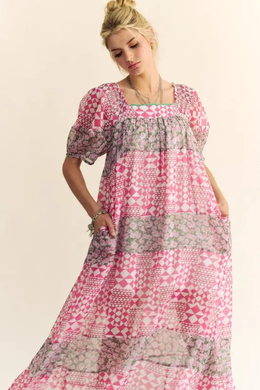 Multi Floral Square Neck Puff Sleeve Maxi Dress in Indian Pink
