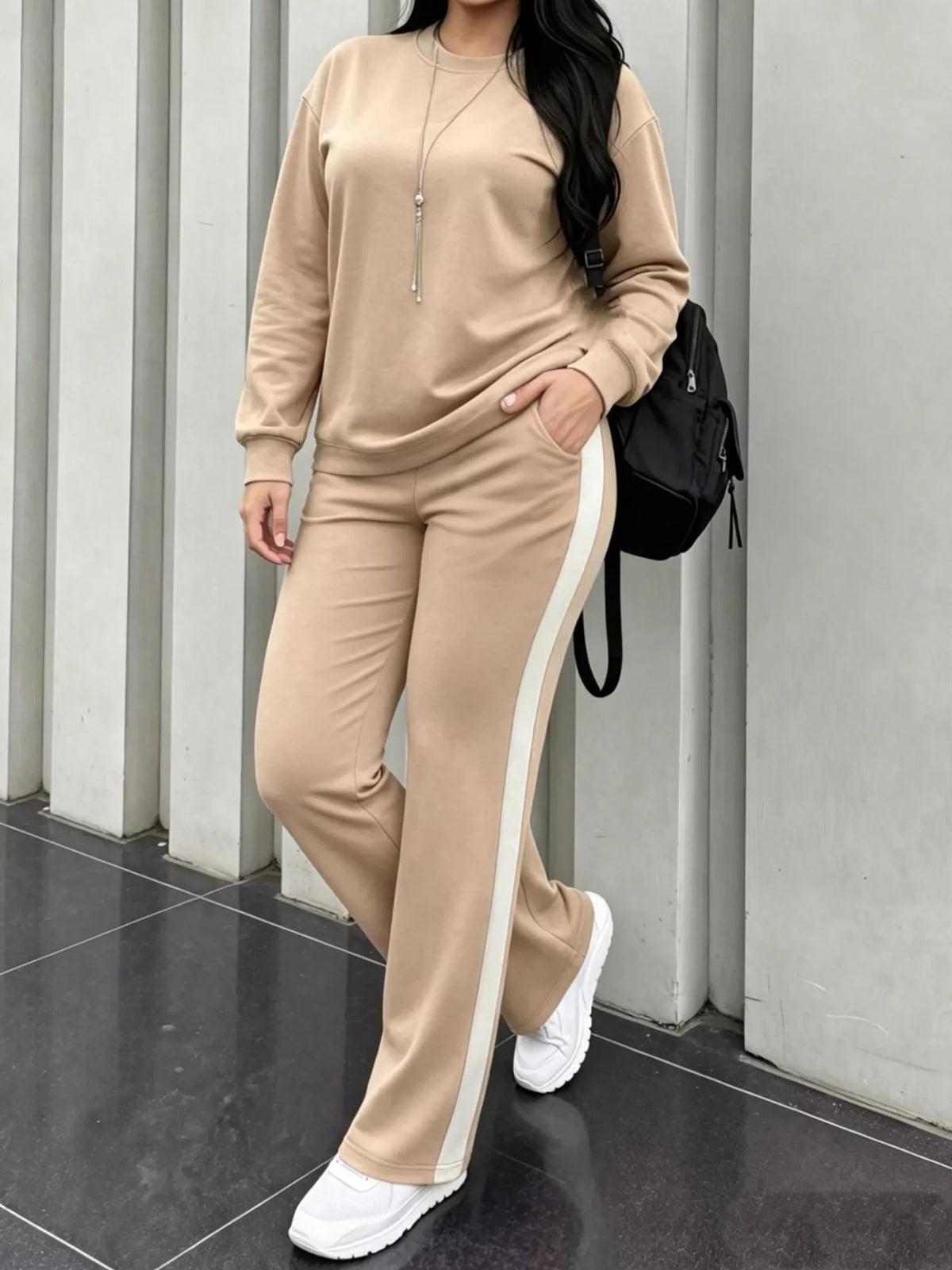 Dropped Shoulder Top and Pants Set in Khaki