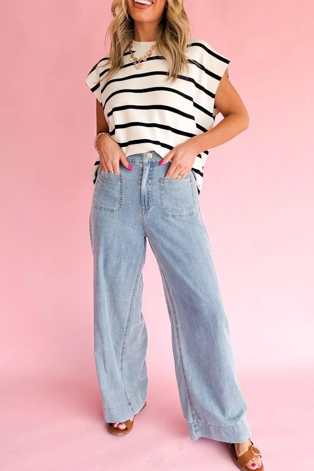 Light Blue Full-Length Pocket Detail Jeans