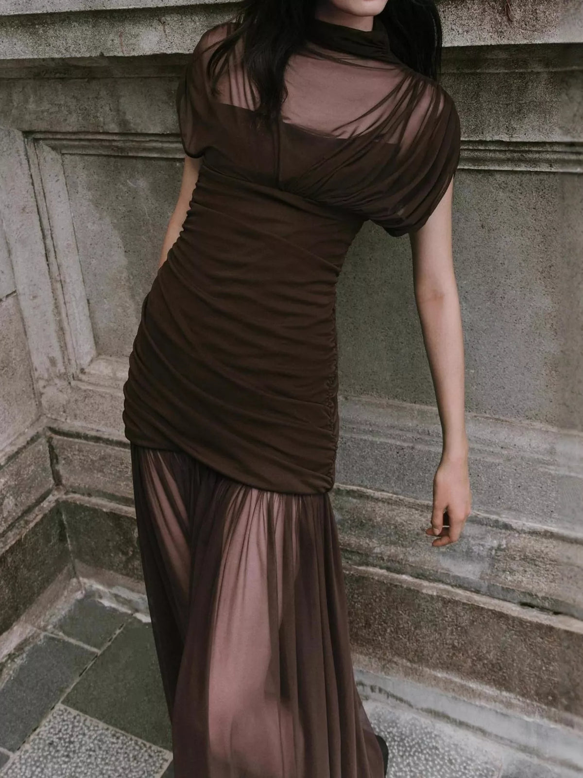 Mock Neck Ruched Mesh Maxi Dress