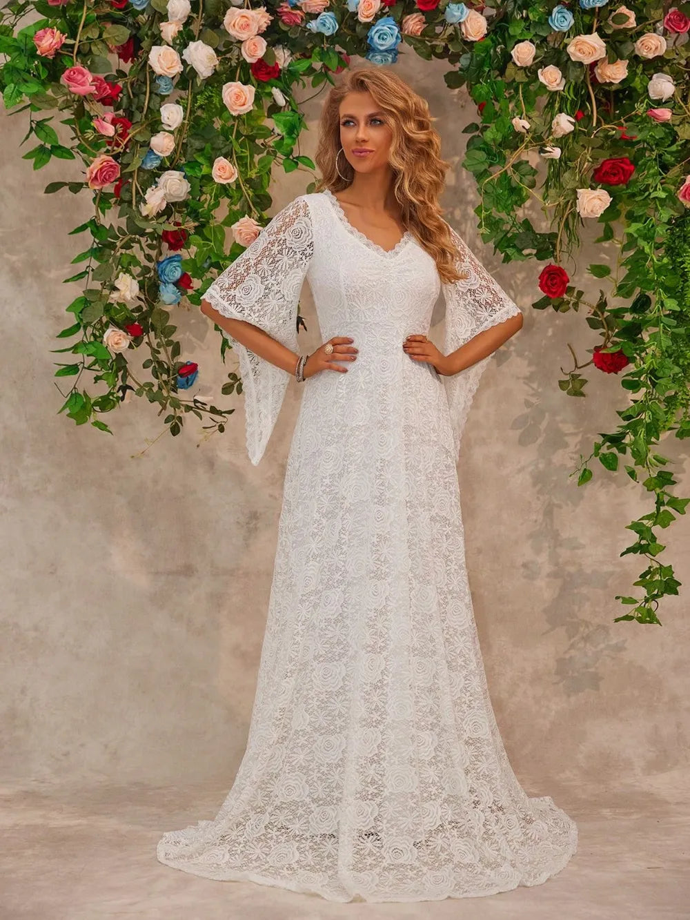 Lace V-Neck Floor-Length Dress in White by Jubilair