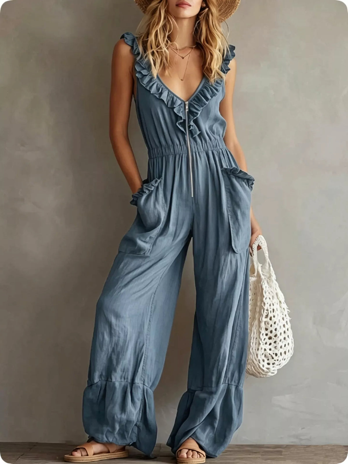 Ruffled V-Neck Jumpsuit with Pockets