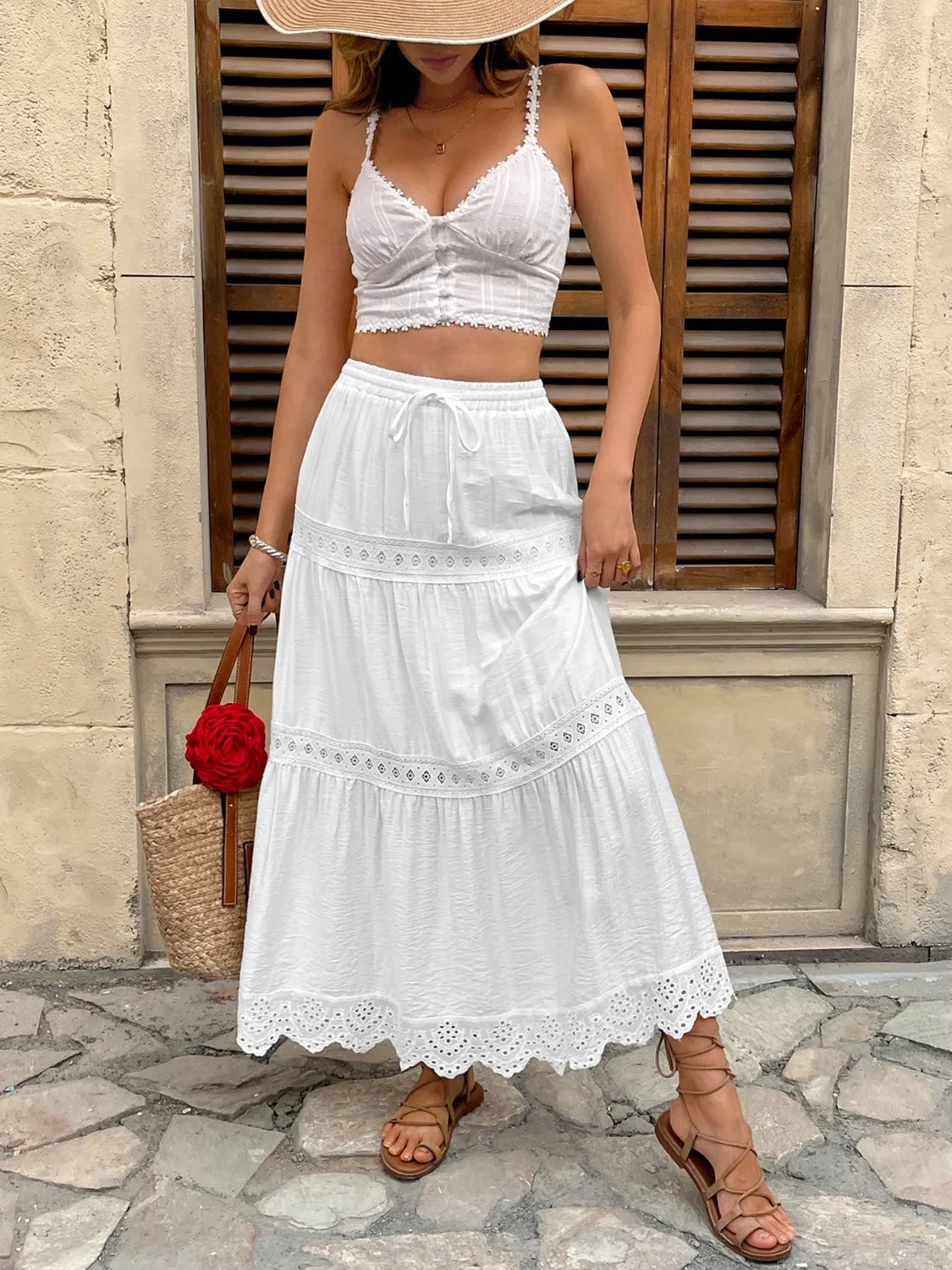 Lace Detail Elastic Waist Skirt in White