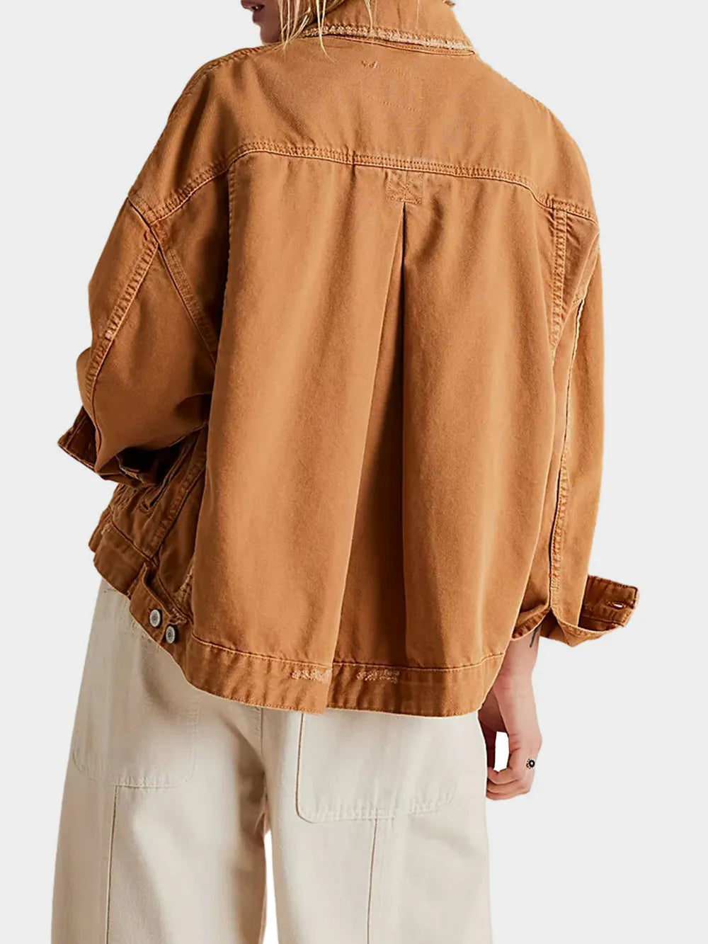 Drop Shoulder Button-Up Denim Jacket in Caramel by Dreamy Drapes