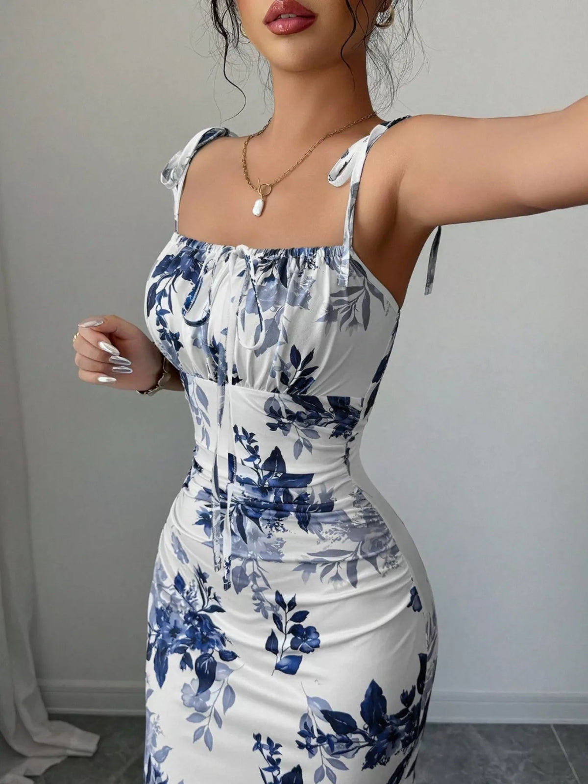 Printed Tie Strap Maxi Dress with Slit