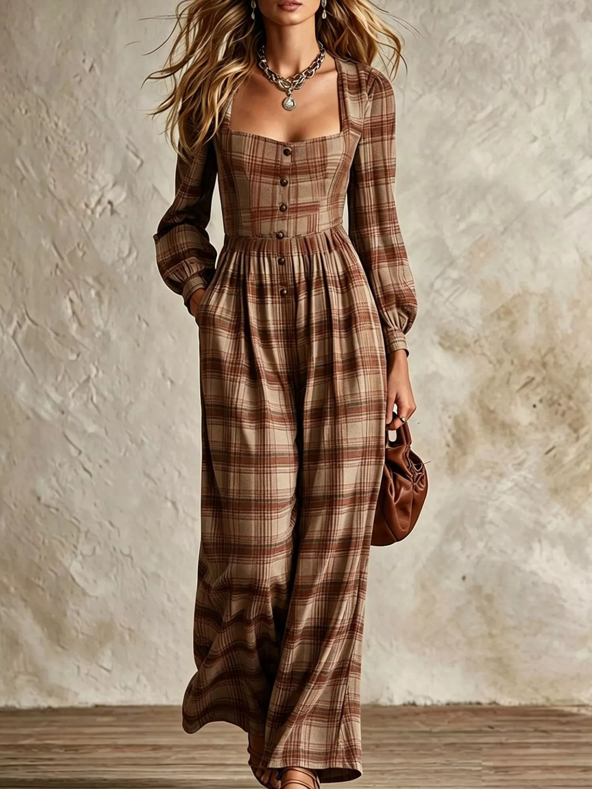 Plaid Square-Neck Wide-Leg Jumpsuit