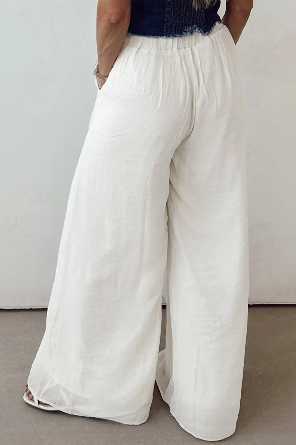 Flowy Wide Leg Pants with Drawstring Waist in White