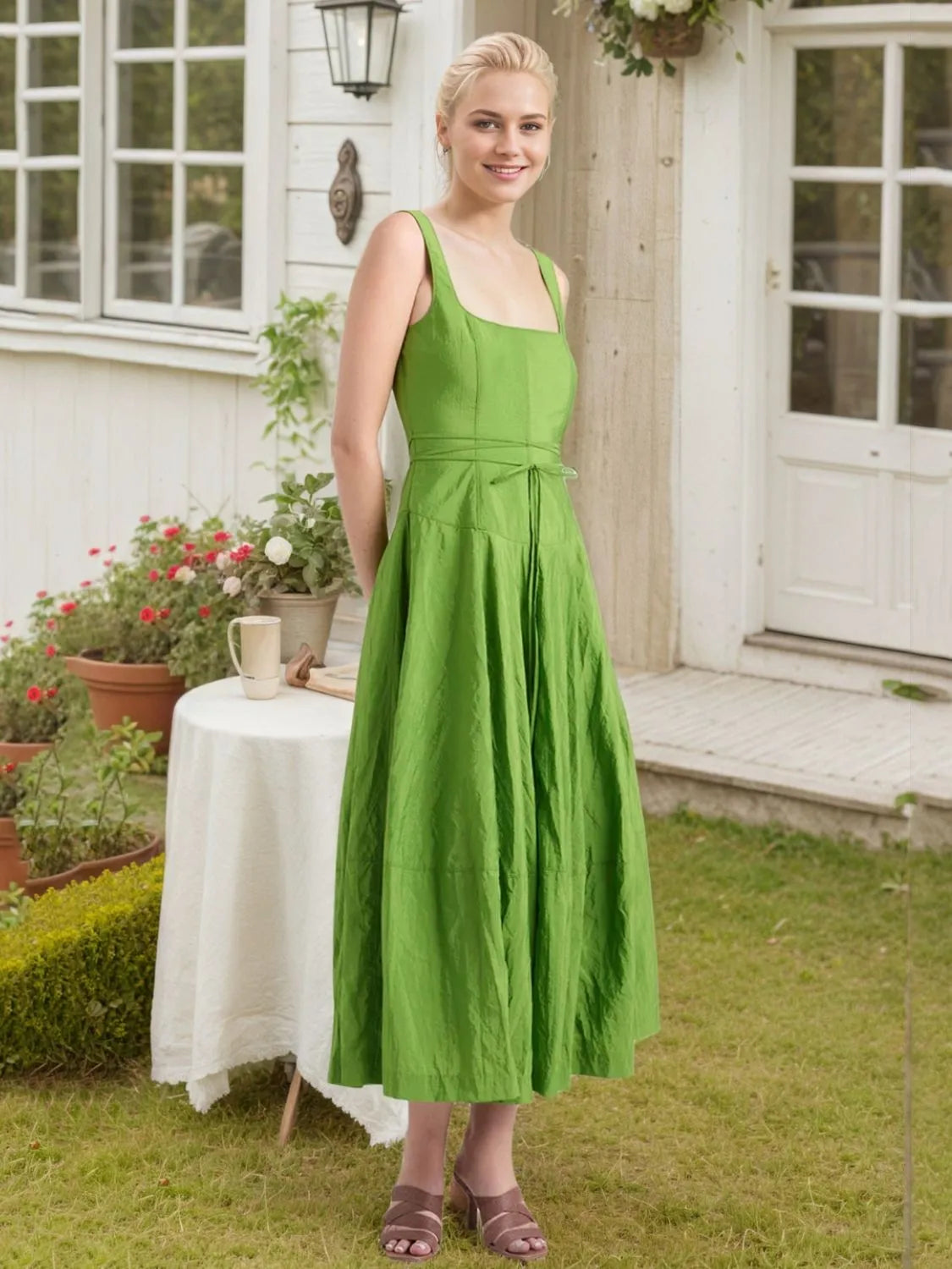 Square Neck Swing Dress in Matcha Green