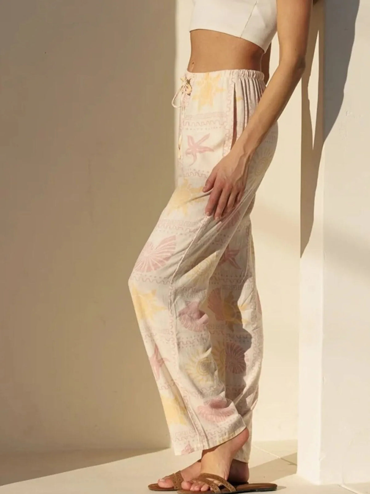 Printed Drawstring Straight Pants in Apricot