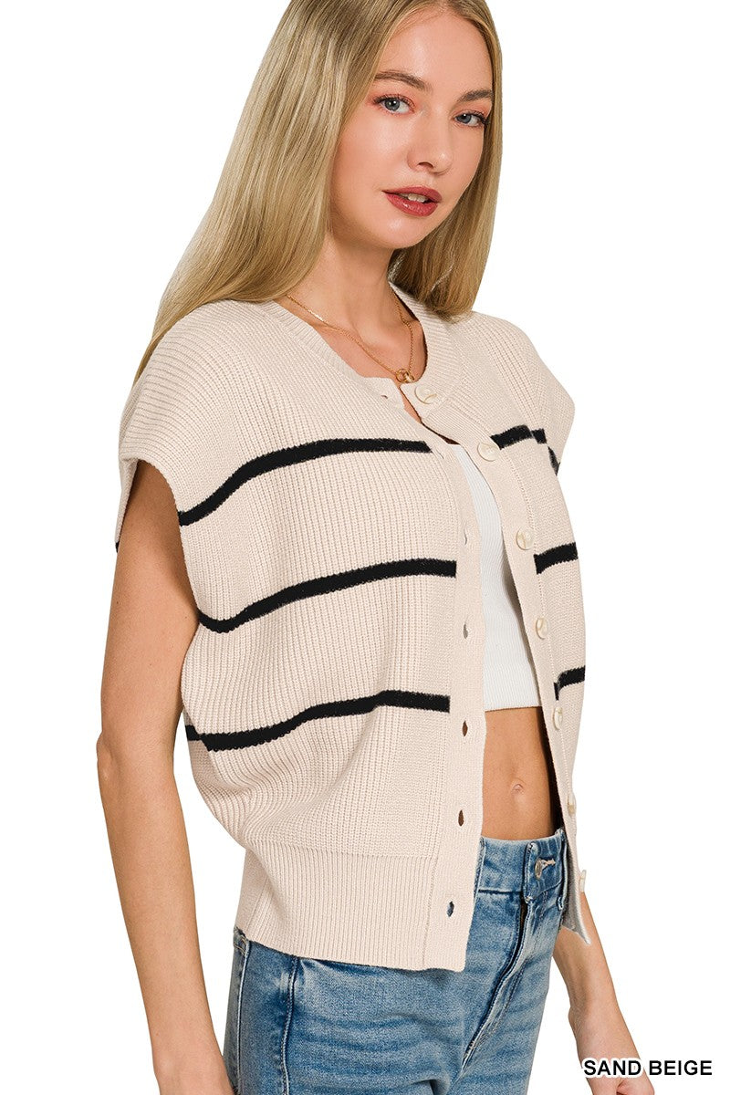 Zenana Striped Button-Down Sweater Vest in Sand Beige
