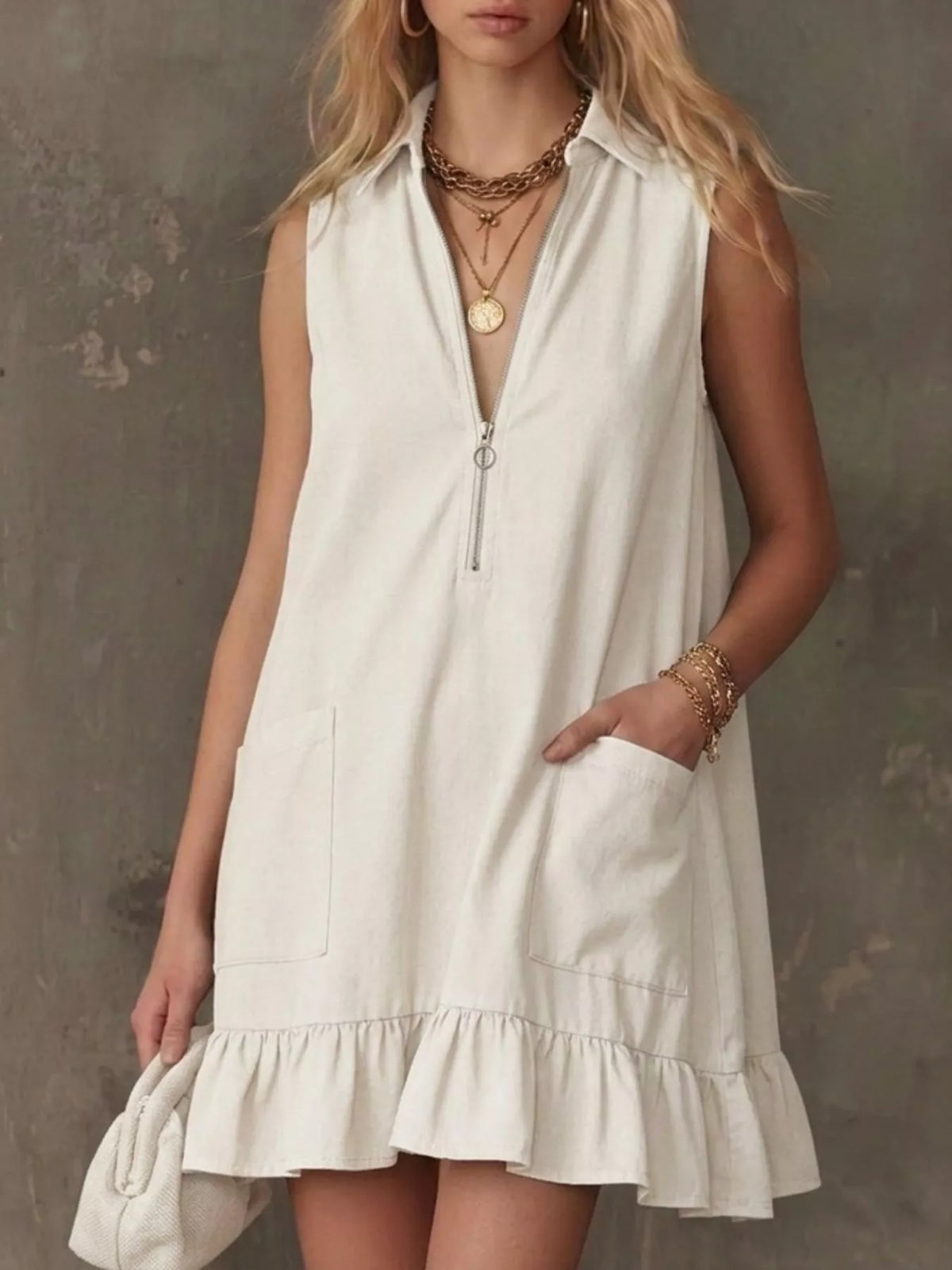 Collared Zip-Front Ruffle Hem Dress