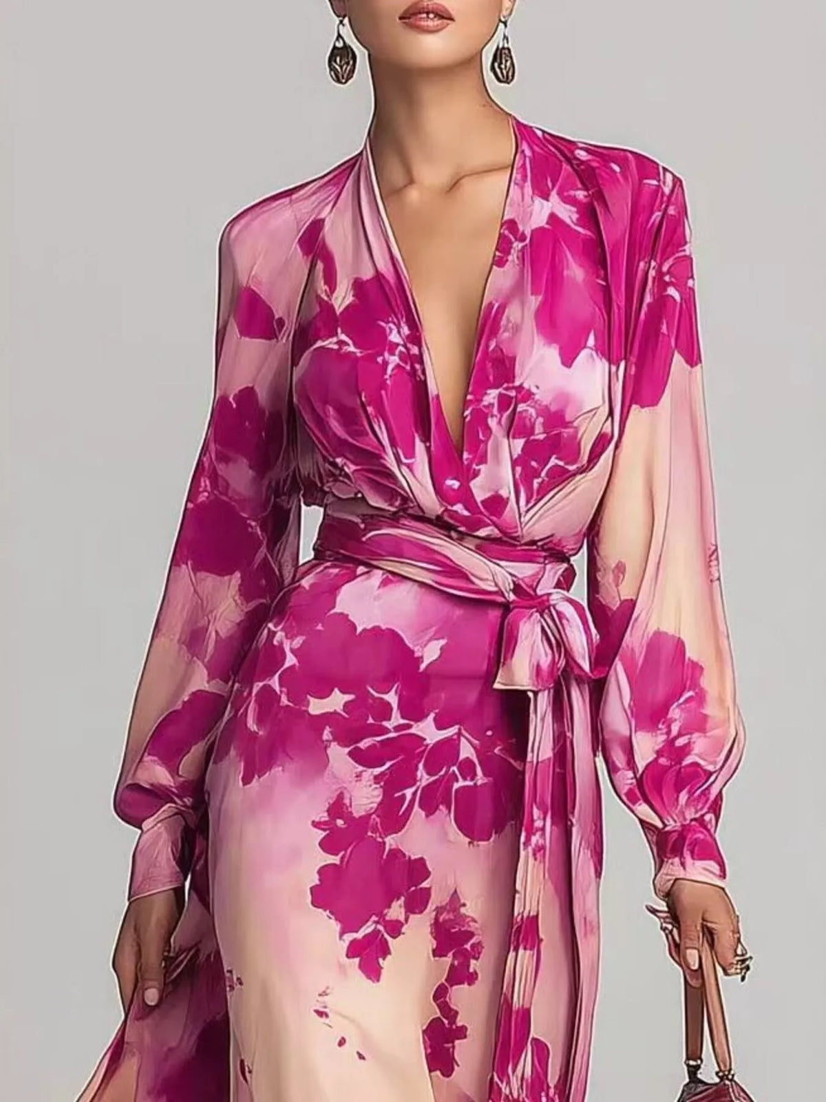 Floral Print Maxi Dress with Waist Tie in Hot Pink