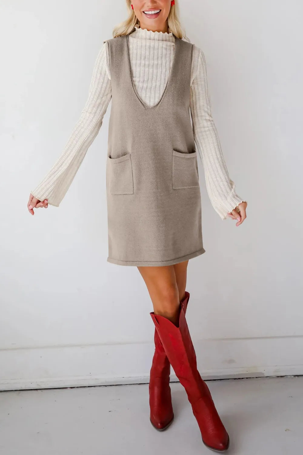 Pocketed V-Neck Mini Sweater Overall Dress
