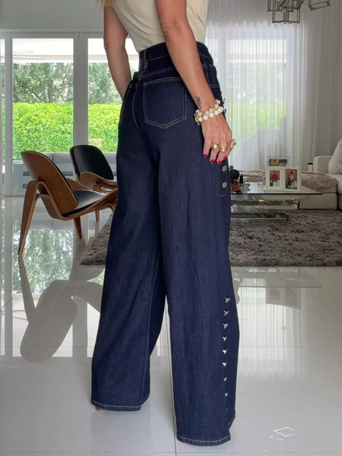High-Waisted Button-Detail Wide Leg Jeans in Dark Blue