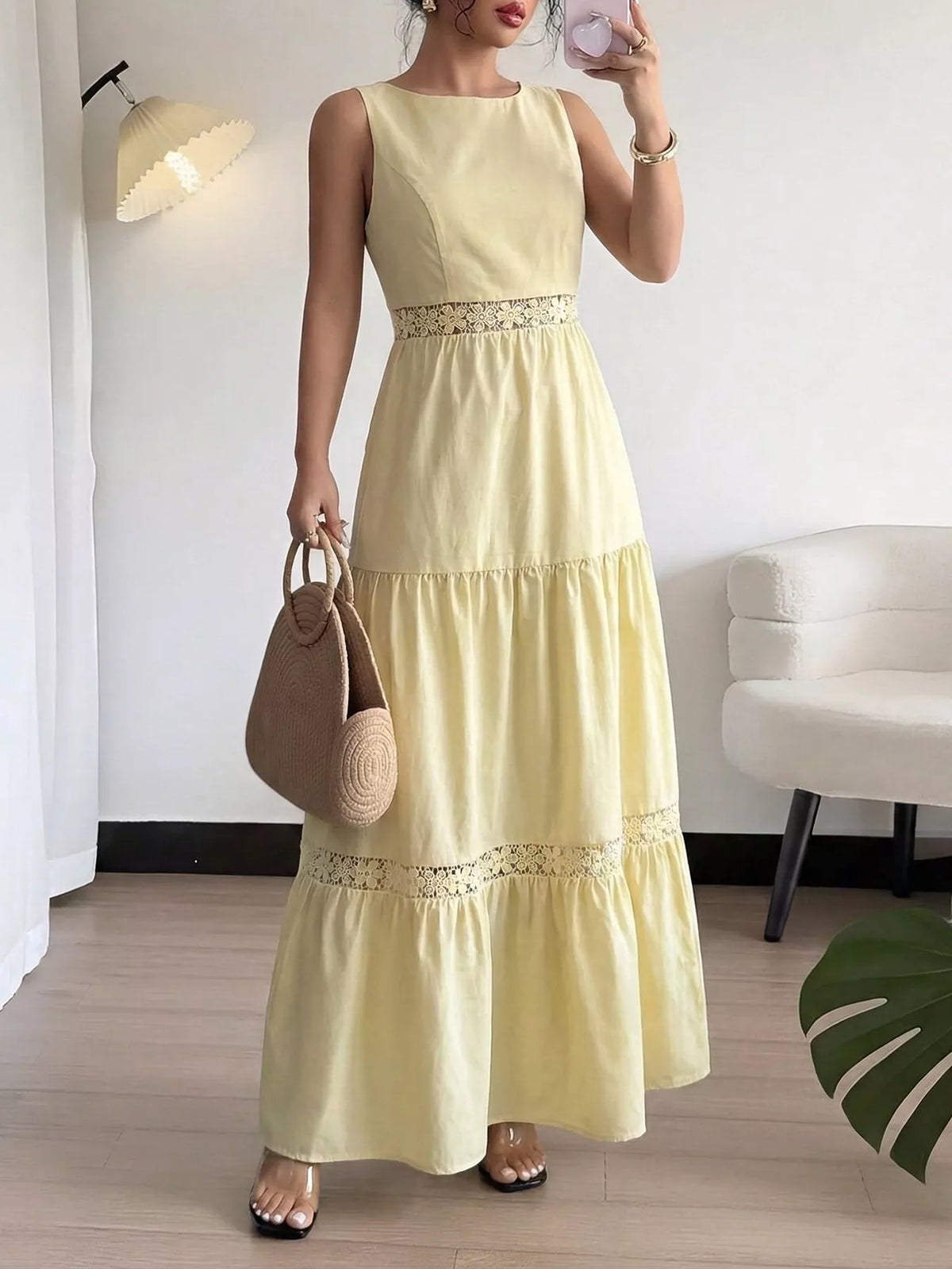 Sleeveless Tiered Lace Trim Maxi Dress in Yellow