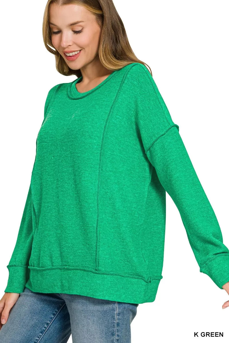 Zenana Brushed Hacci Drop Shoulder Sweater in Kelly Green in K green
