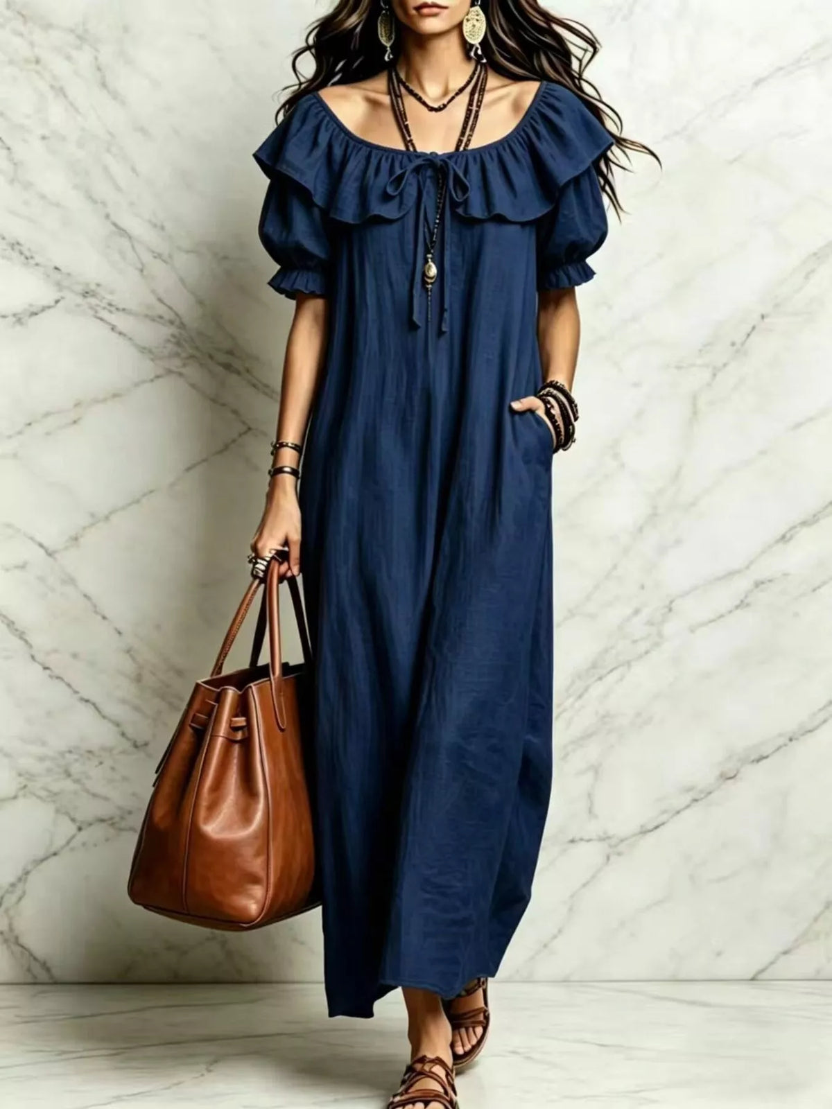 Puff Sleeve Ruffle Trim Maxi Dress