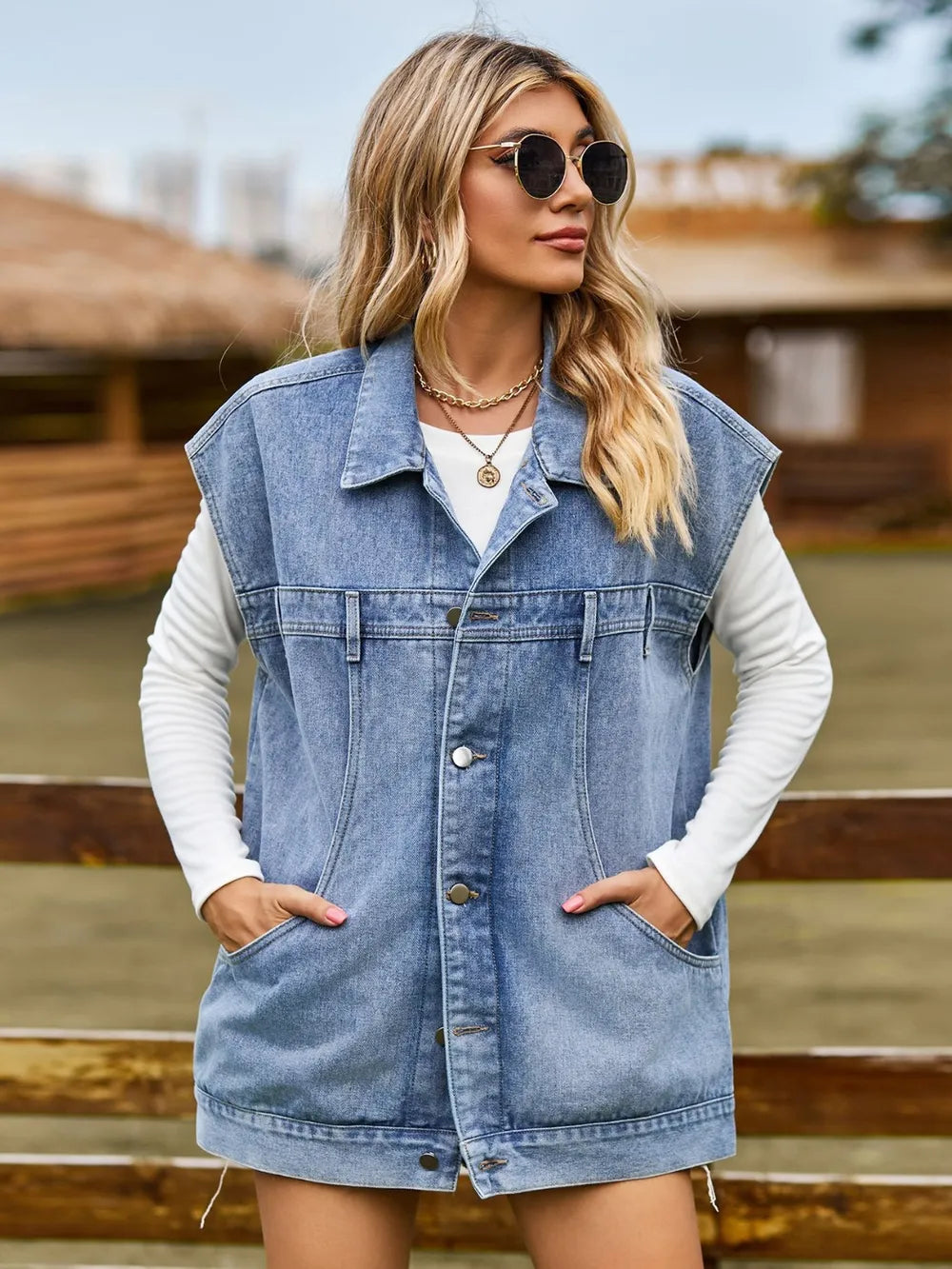 Collared Sleeveless Denim Jacket with Button-Up Front by Manny