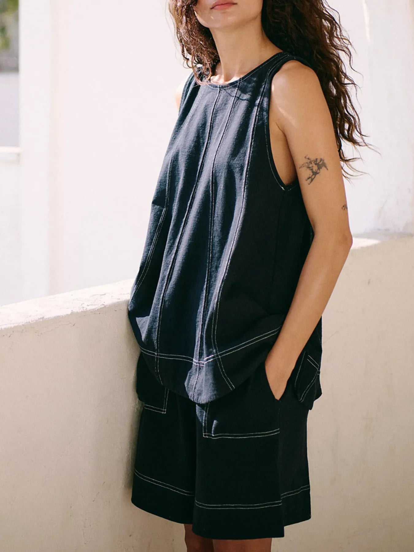 Contrast Stitch Denim Tank and Shorts Set