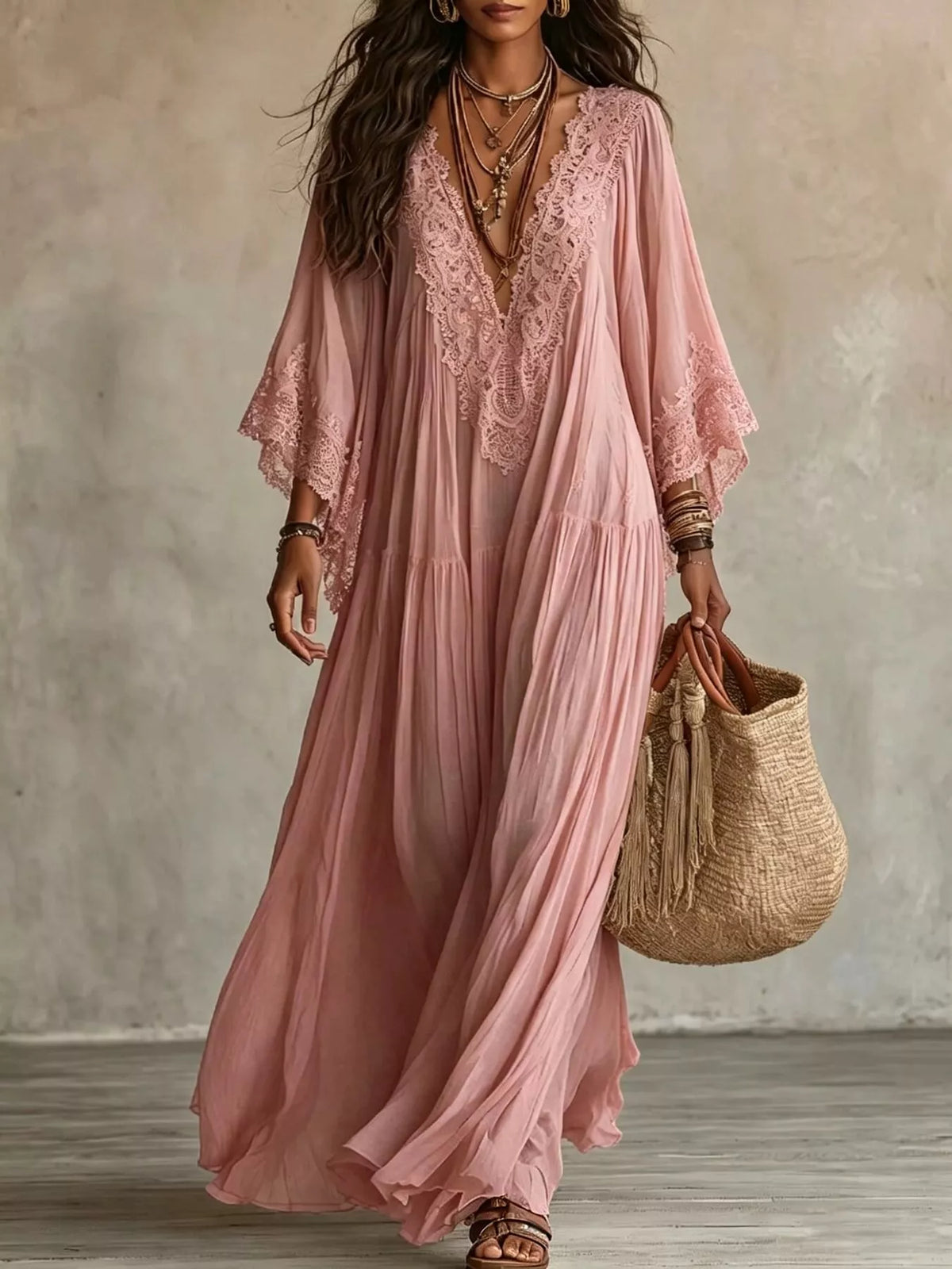 Lace Trim Tiered V-Neck Maxi Dress