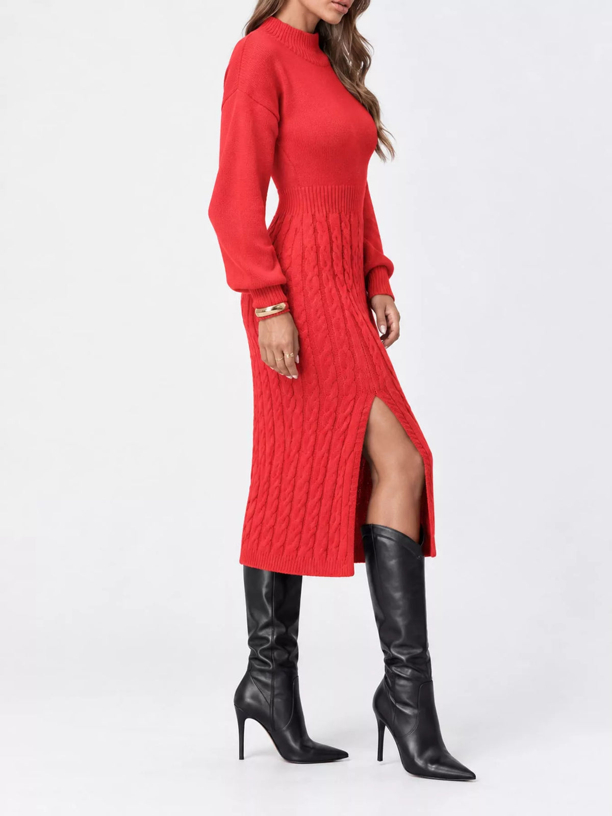 Mock Neck Cable Knit Sweater Dress with Front Slit