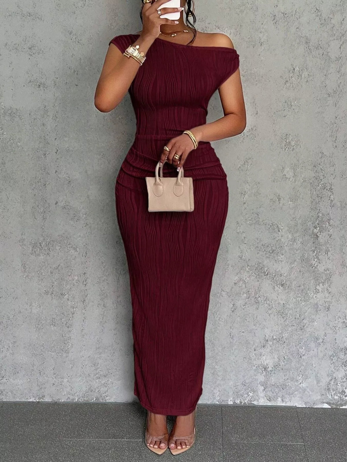 One-Shoulder Textured Ruched Maxi Dress