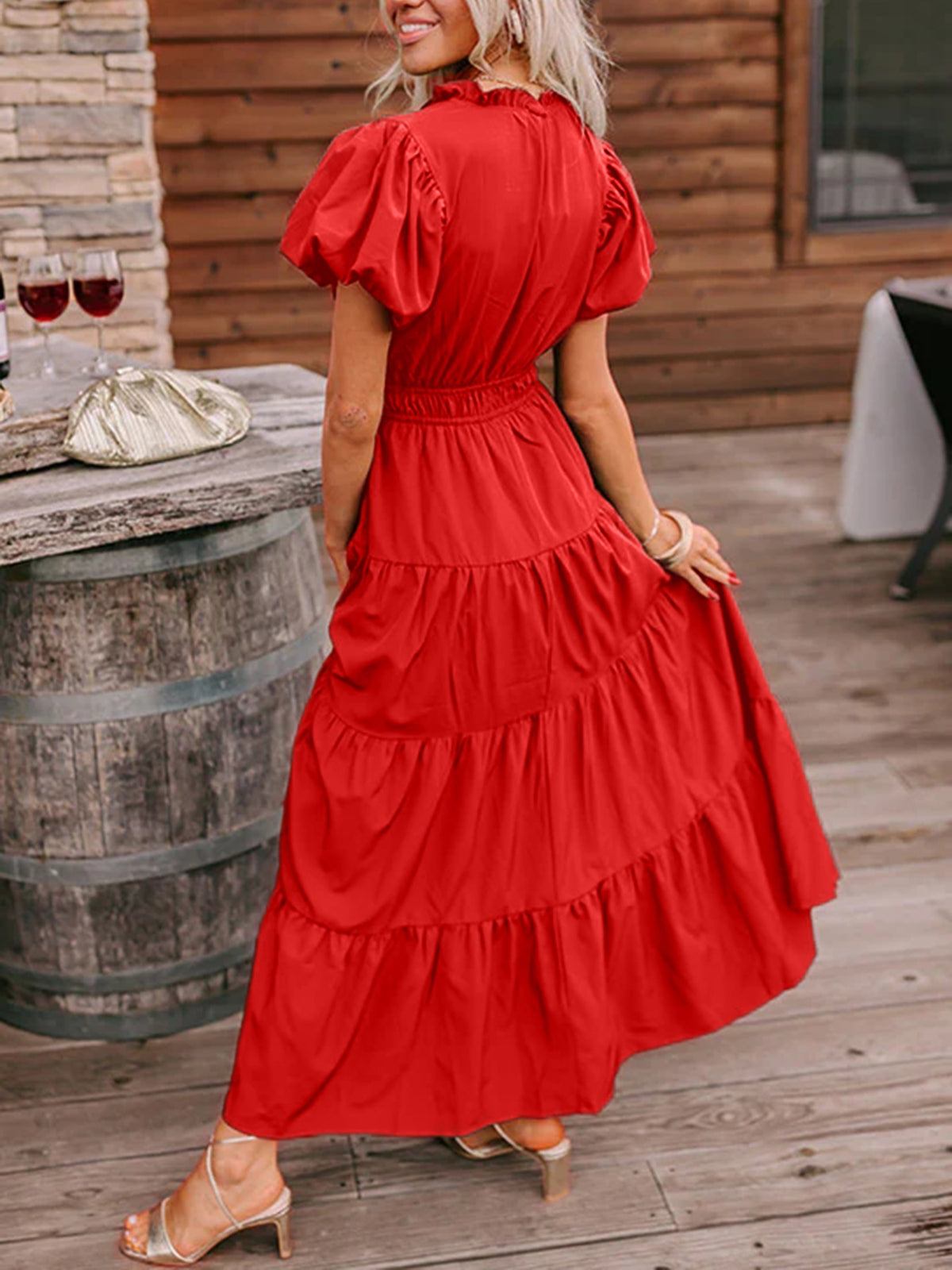 Puff Sleeve Tiered Maxi Dress in Deep Red
