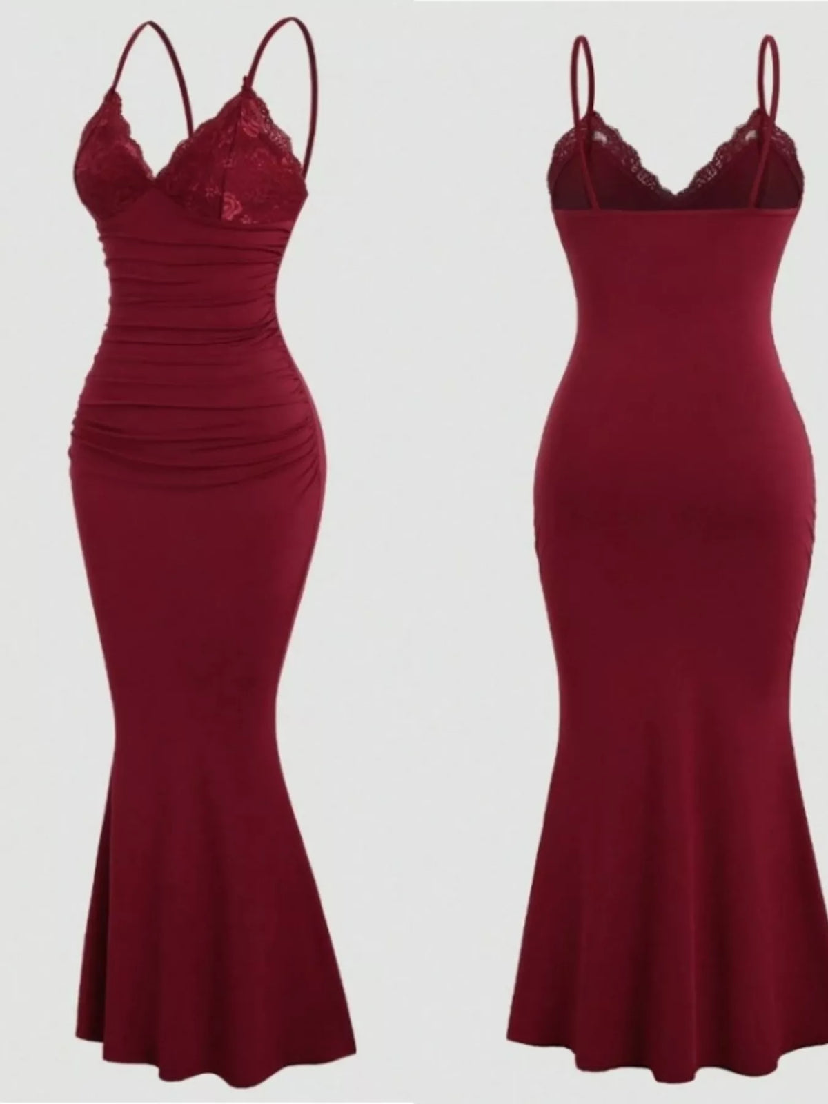 Lace Trim Ruched Mermaid Dress by Elegant Elements