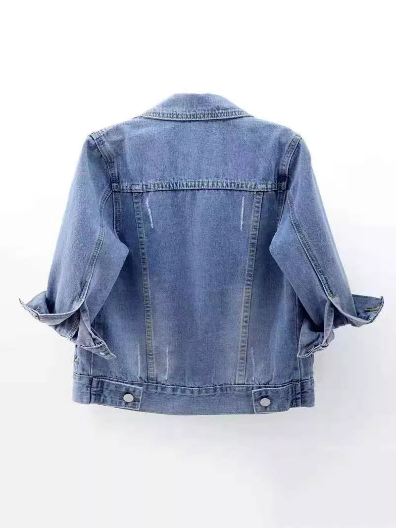 Distressed Mid-Sleeve Denim Jacket