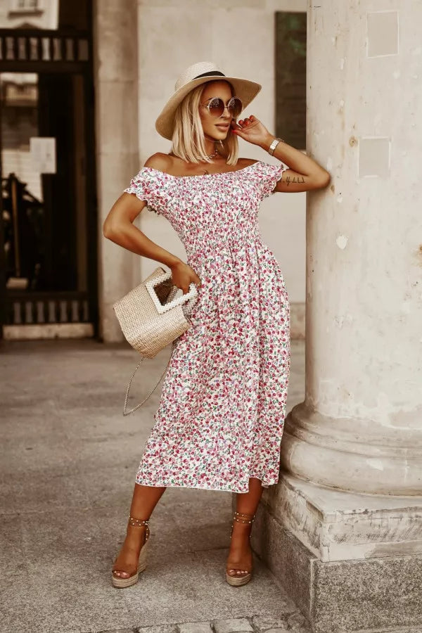Floral Off-Shoulder Ruched Midi Dress