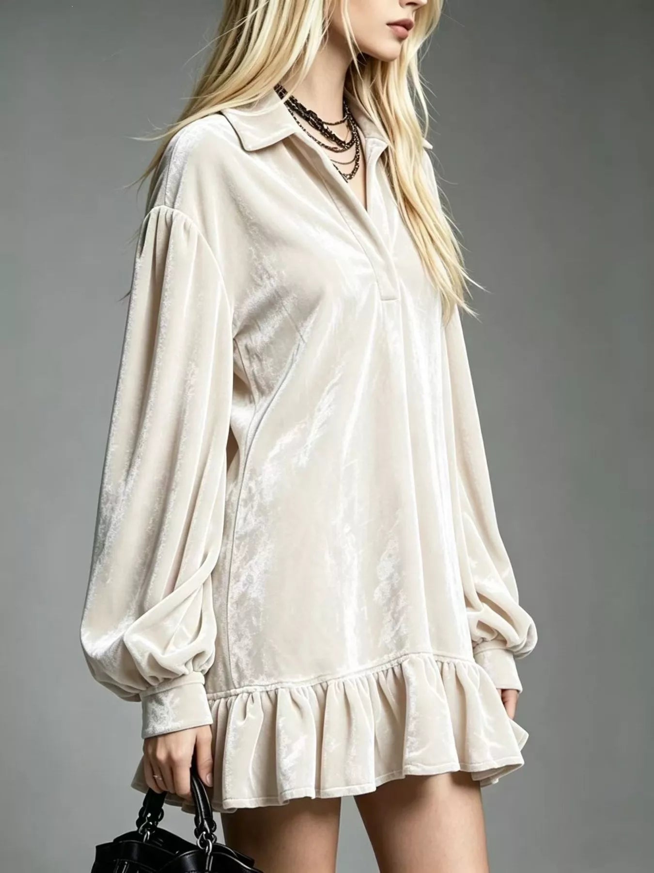Velvet Ruffled-Hem Long Sleeve Dress