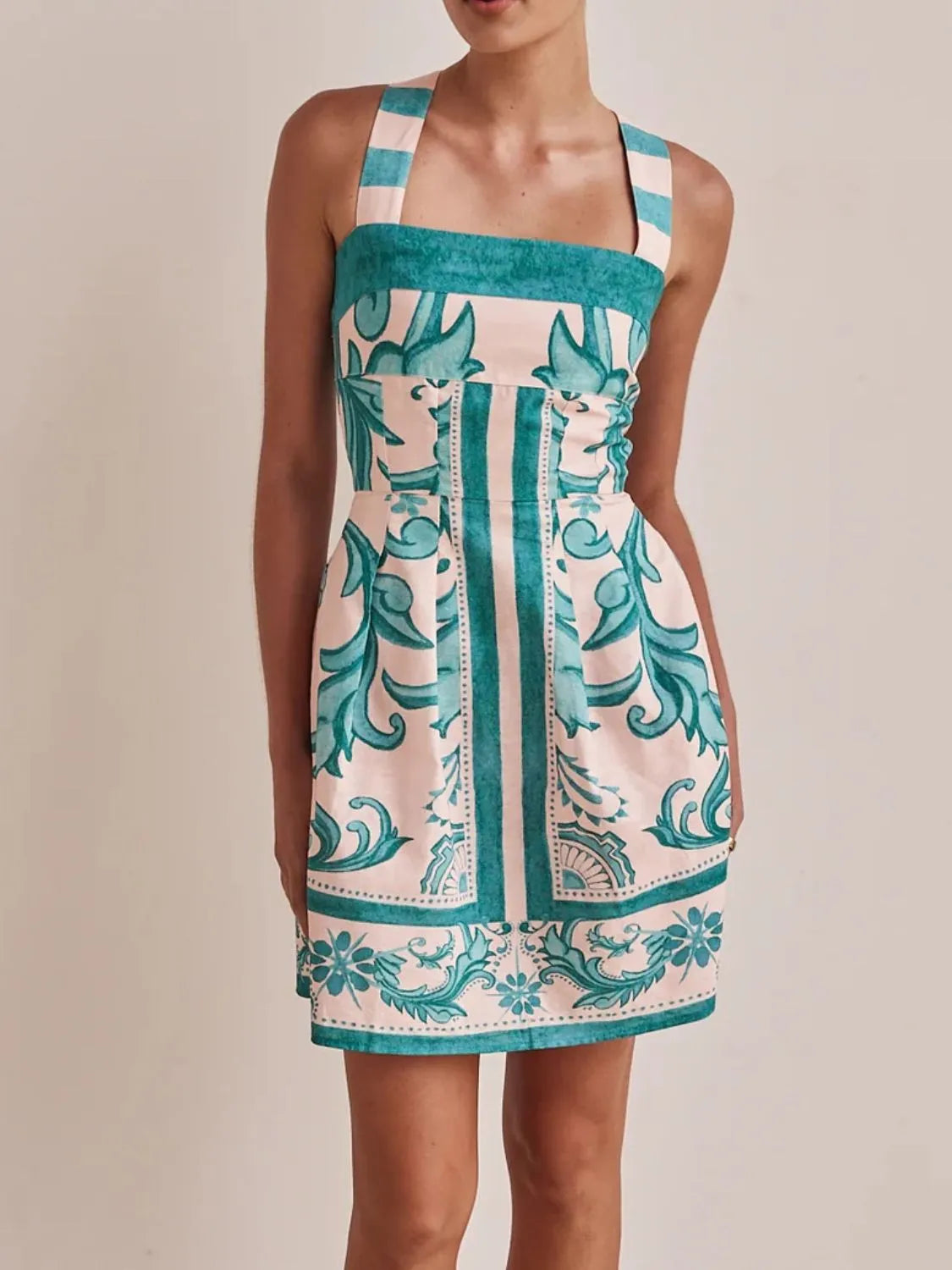 Printed Square Neck Buttoned Midi Dress