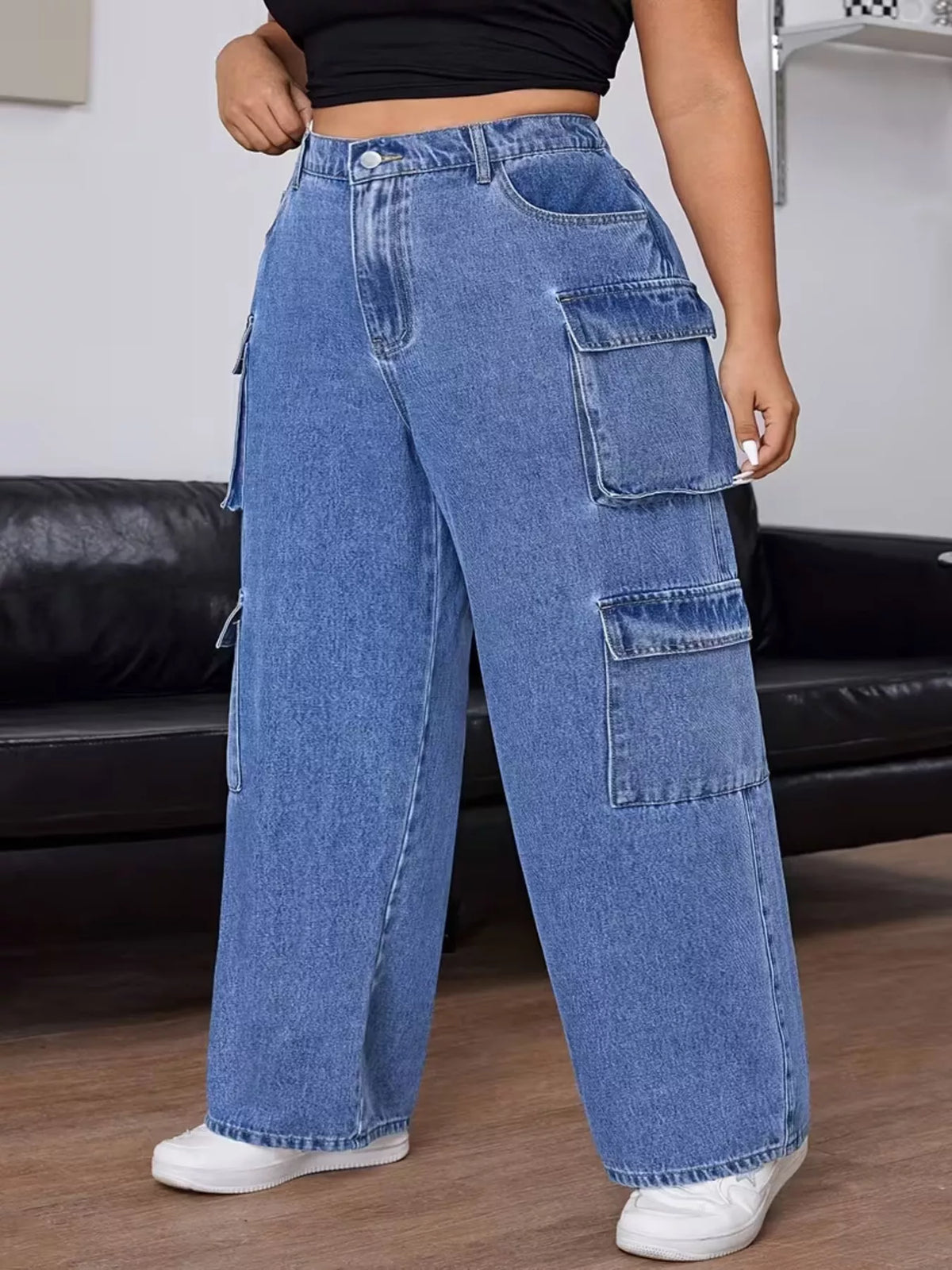 Plus Size High-Waisted Wide-Leg Cargo Jeans