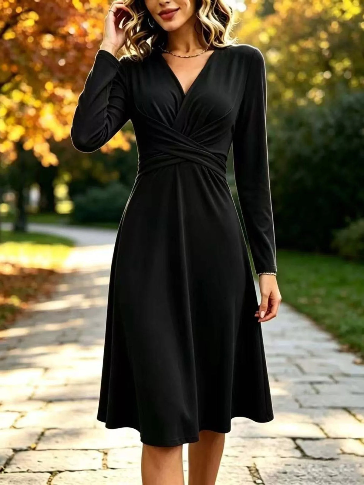 Ruched Long-Sleeve Midi Dress