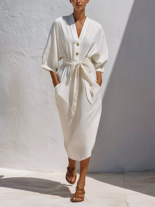 Tie-Waist V-Neck Button Midi Dress