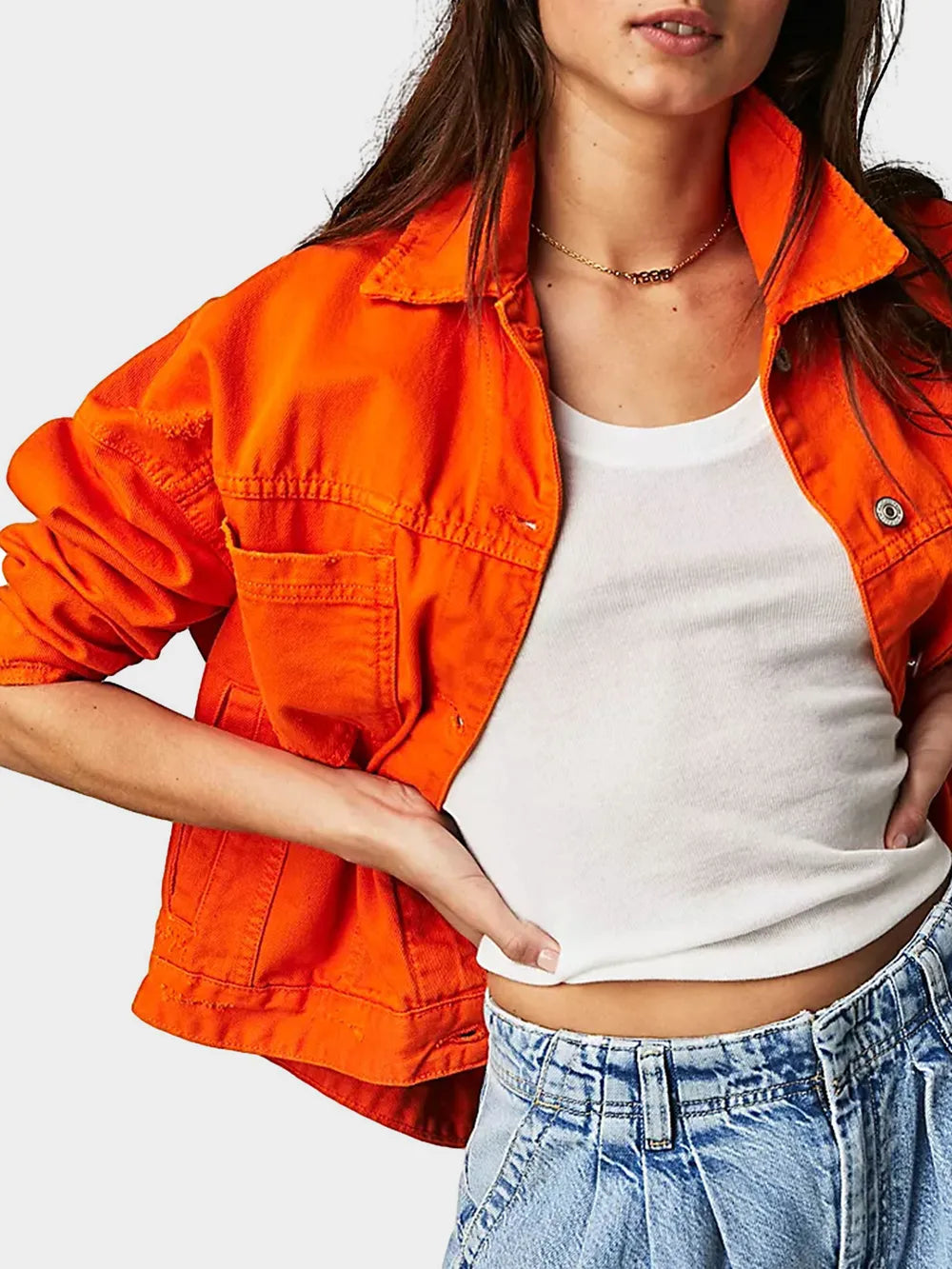 Button Up Long Sleeve Denim Jacket in Orange by Dreamy Drapes