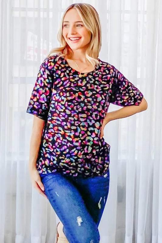 And The Why Leopard Foil Half Sleeve Sweater in Hologram