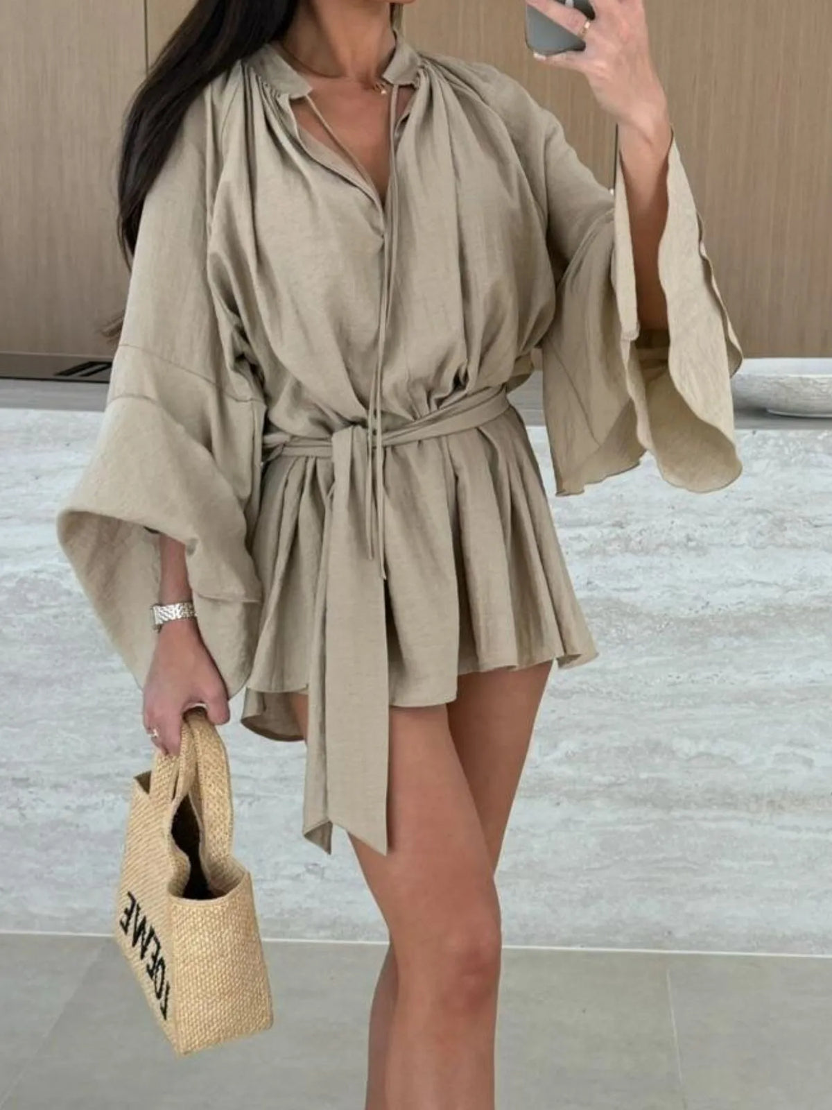 Bell Sleeve Tie-Waist Mini Shirt Dress