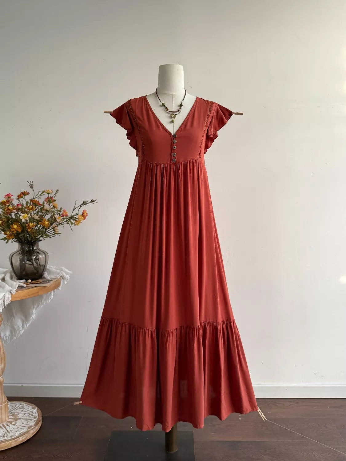 Ruffle Sleeve Maxi Dress in Rust