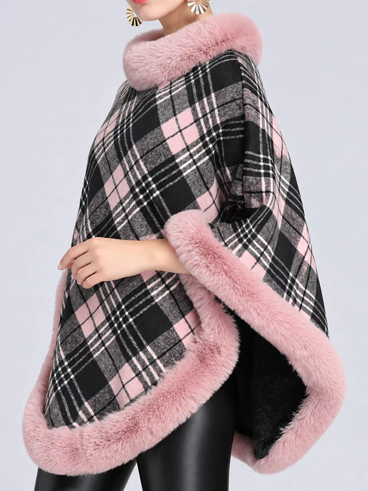 Plaid Faux Fur Trim Poncho Cape