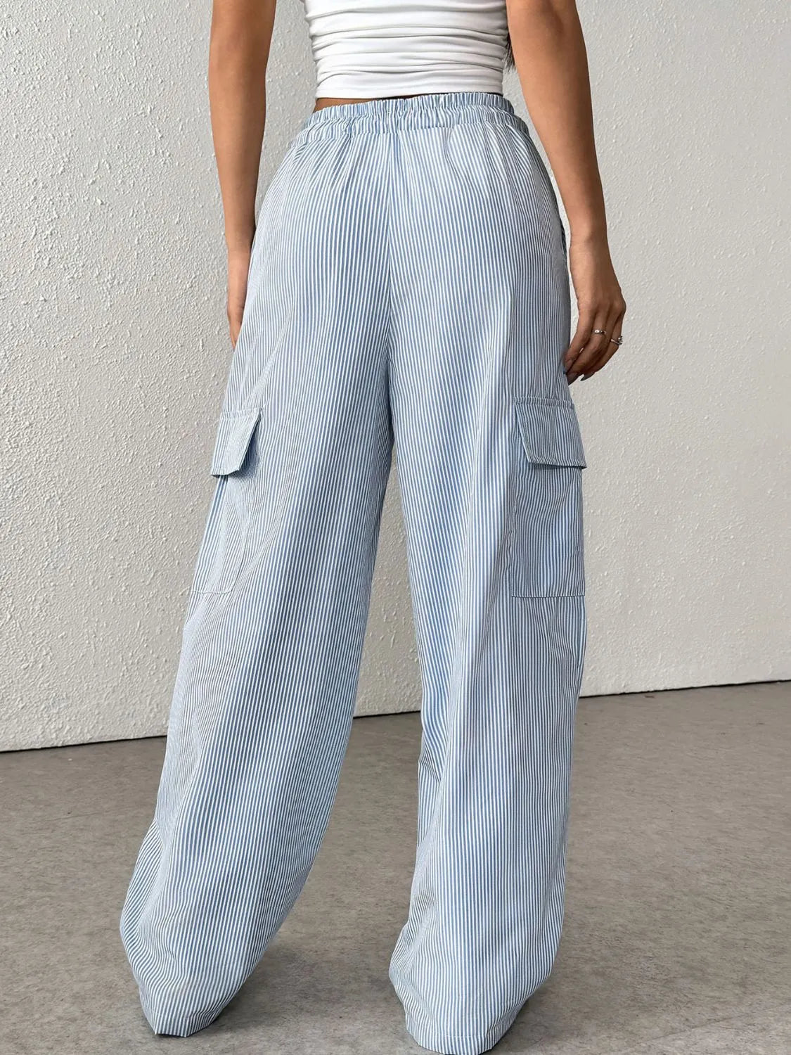 Striped Wide Leg Cargo Pants in Light Blue