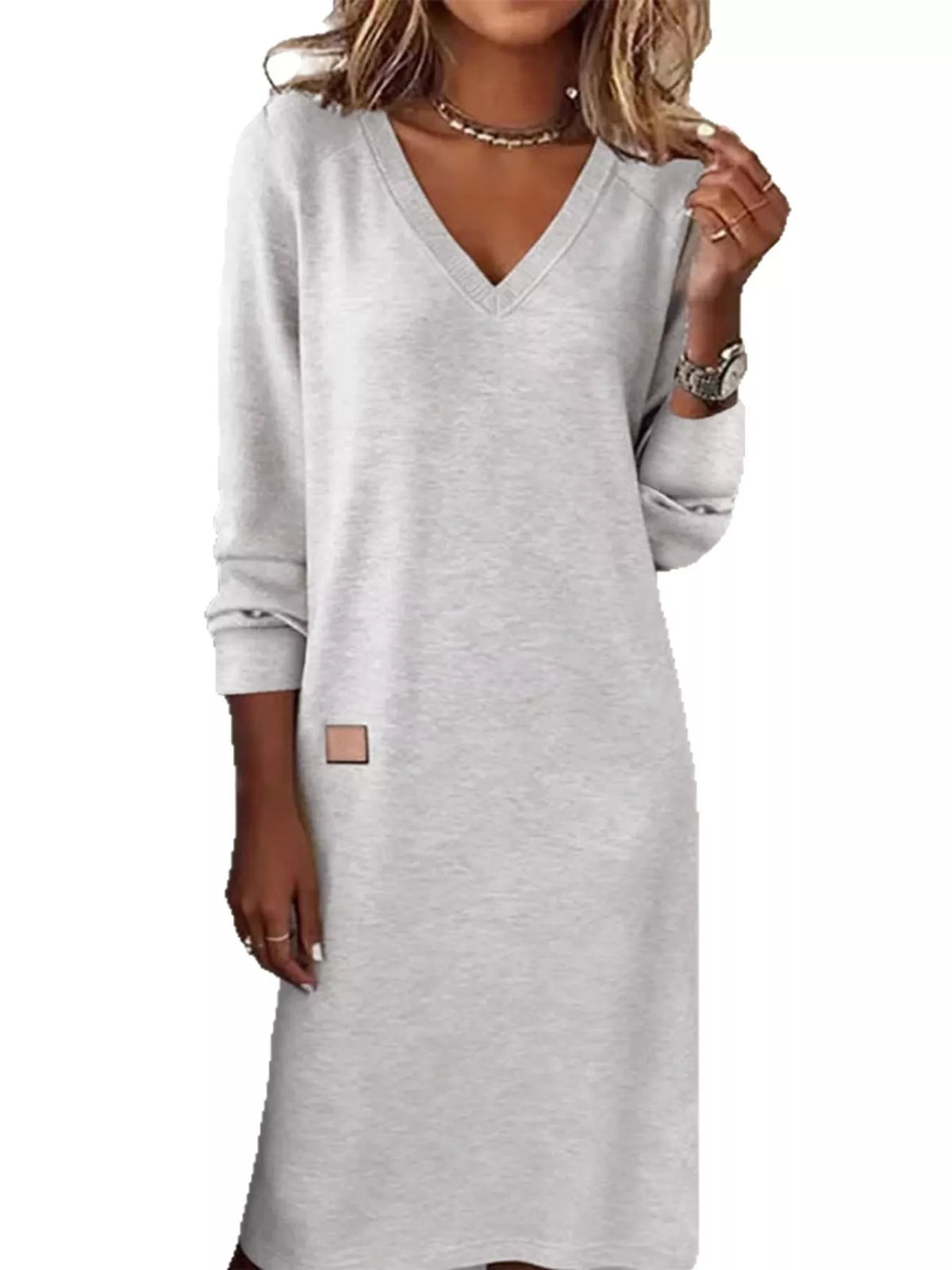 V-Neck Long Sleeve Midi Dress
