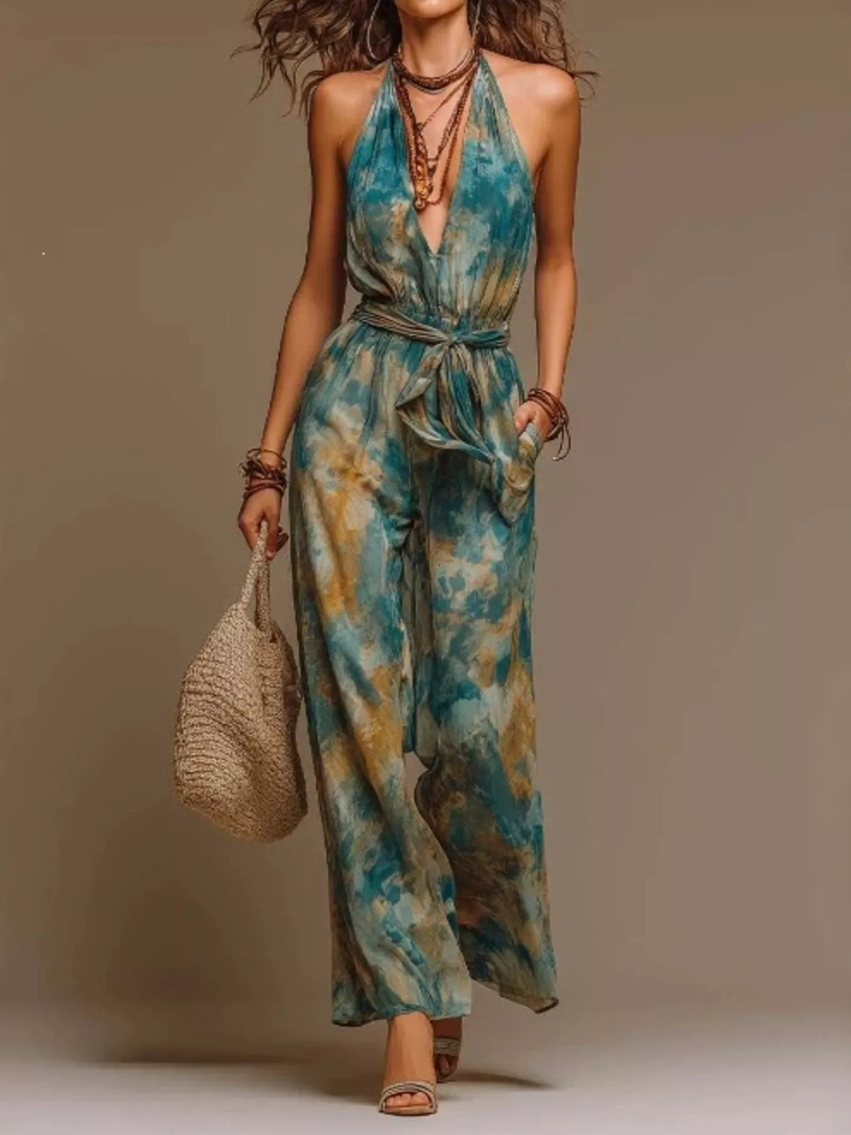 Tie-Dye Halter Wide-Leg Jumpsuit in Dark Green