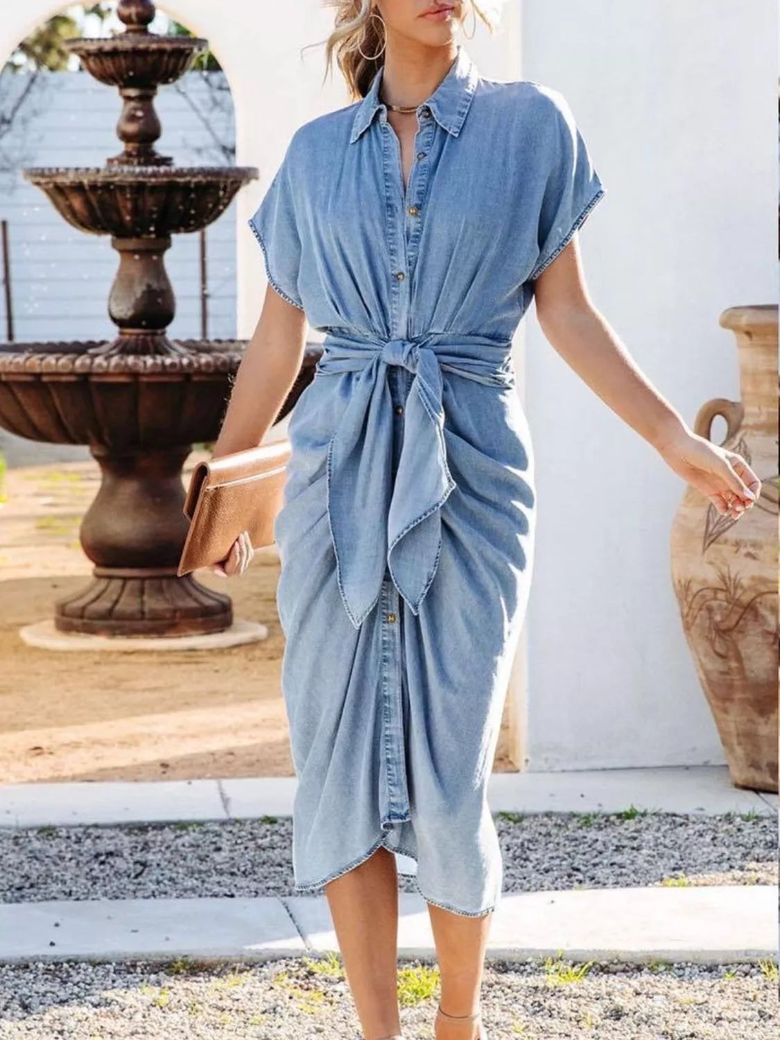 Collared Tie-Waist Short Sleeve Denim Dress in Medium Wash by Yolan House
