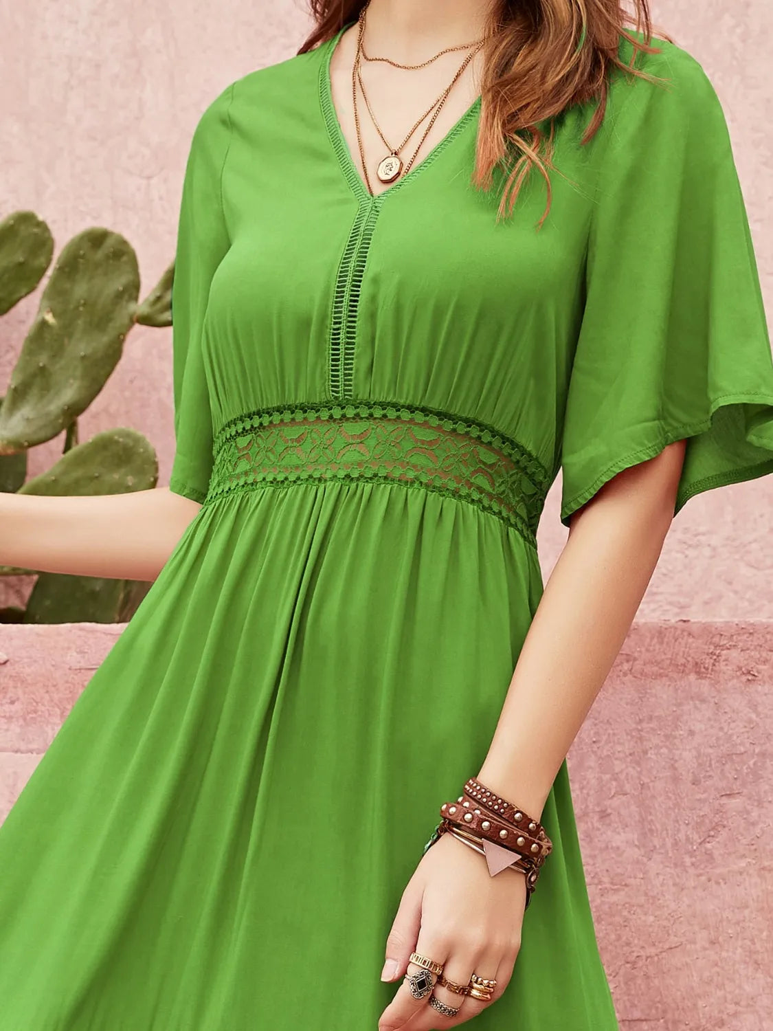 Lace Detail Tied V-Neck Dress in Green